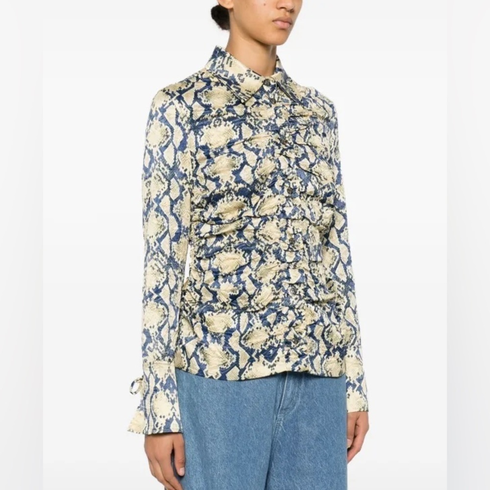 New GANNI Ruched Snake-Print Satin Shirt Safari NWT Streetwear Women’s Size 8/10